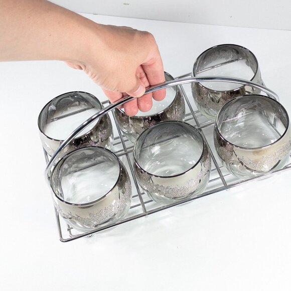 MCM chromed bar caddy with 6 Silver ombre fade Fade Roly Poly cocktail glasses - Picture 4 of 9